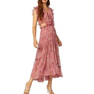 MISA Los Angeles Natasha Floral Print Cutout Waist Ruffle Dress